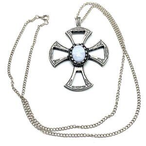 Vintage PC Silver Tone Maltese Cross Necklace Signed Blue Cabochon